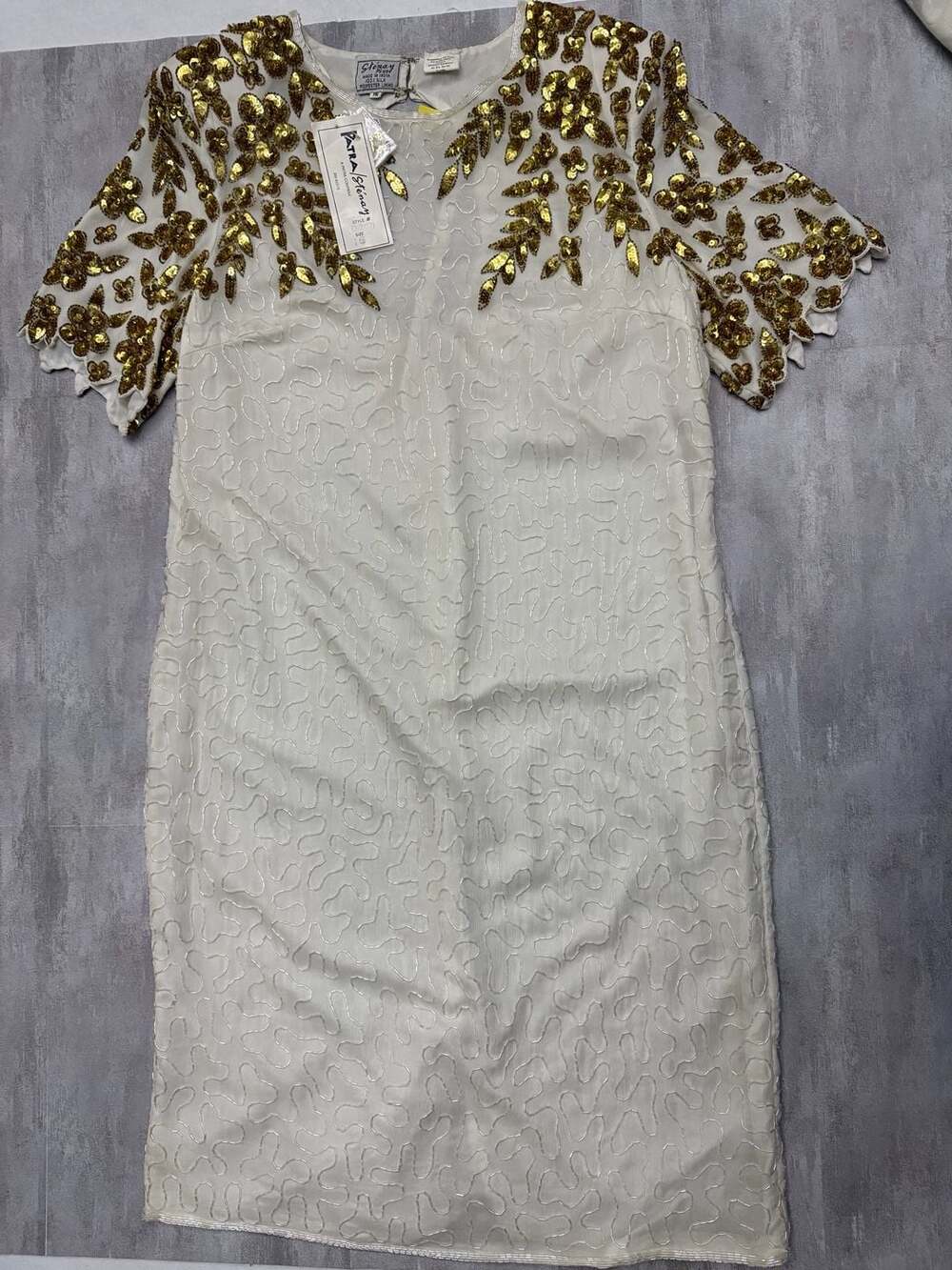 NWT Vintage 80s Stenay Silk Beaded and Gold Sequined Ivory Cocktail Shift‎ Dress